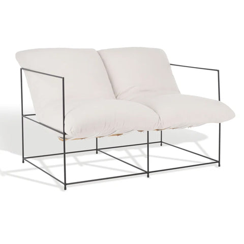 Ivory linen upholstered Giuliettano Loveseat with black metal legs and a modern cushioned design