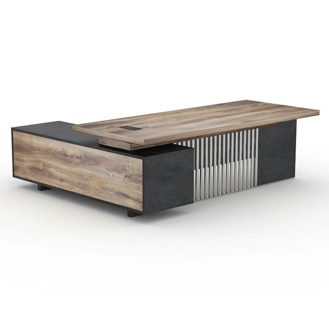 Axton Executive Desk with stainless steel bars, engineered wood, and secure storage drawers