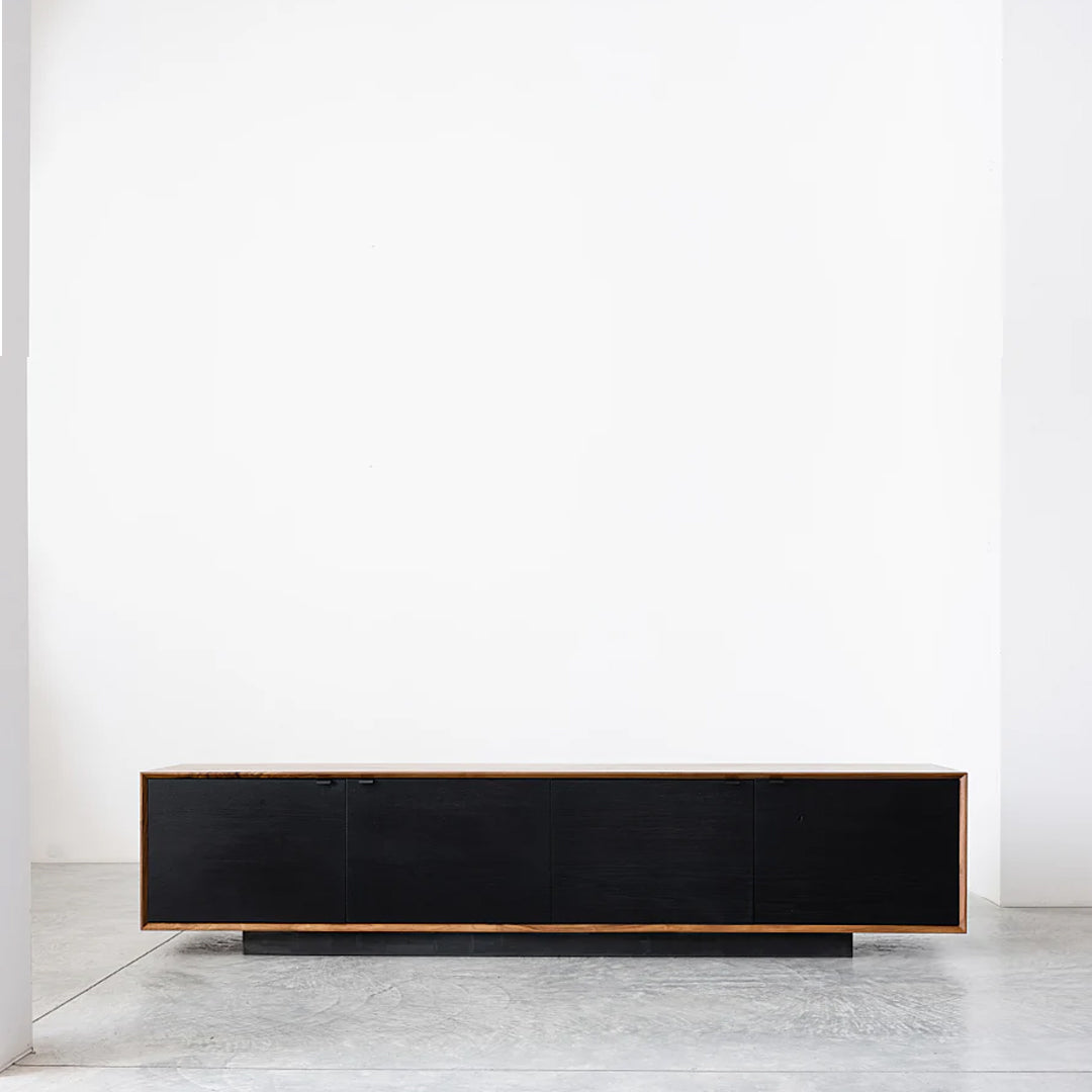 Modern Baxter Low Credenza with Laminated Black Wood Grain, Metal Steel Base, and sleek low-profile design.