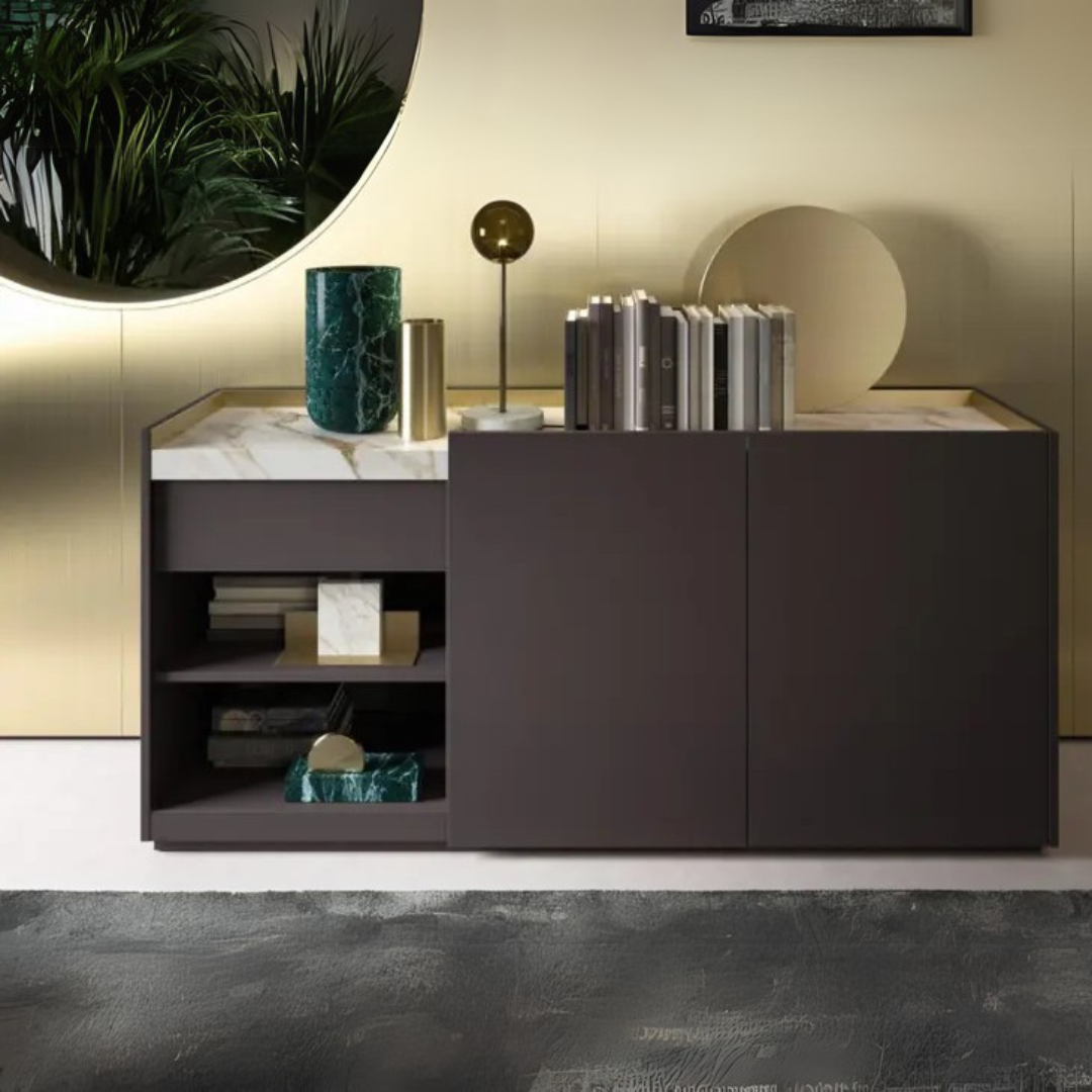 Block Luxe Credenza with marble top, soft-closing doors, and customisable finishes for executive offices.