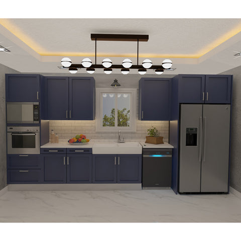 Blue Royale Kitchen with royal blue cabinets, quartz countertops, and modern appliances.