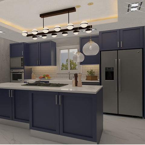 Blue Royale Kitchen with royal blue cabinets, quartz countertops, and modern appliances.