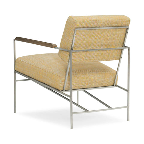 Box Chair Home Accent Chair with metal frame, wood arm pads, and plush poly foam cushion for modern interiors.