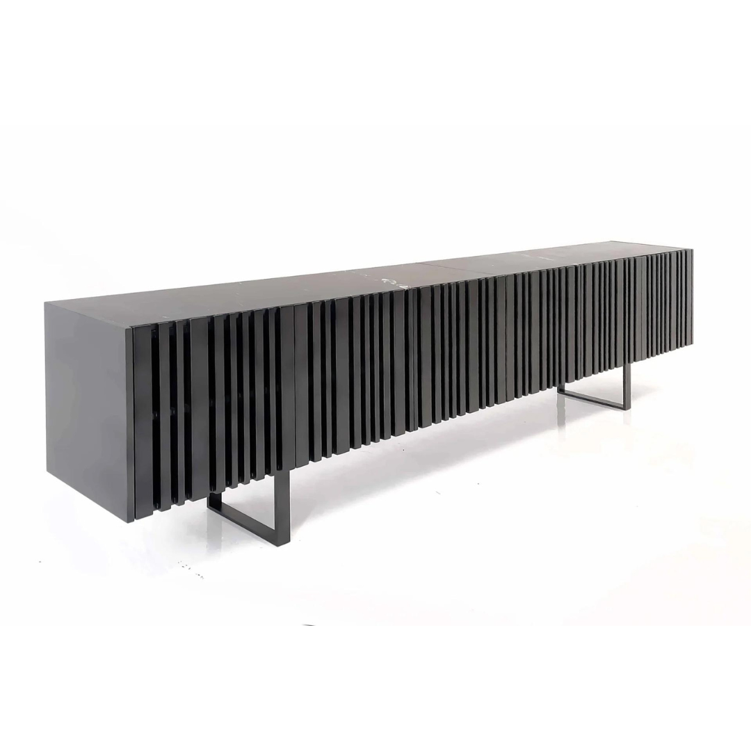 Brutalist Credenza with solid ash wood frame, marble top, and metal powder-coated legs, ideal for media equipment and sound systems.