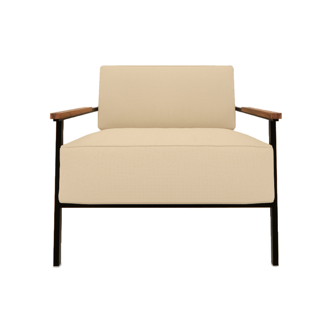 Ohio Visitor Chair with linen upholstery, wooden armrests, and MS powder-coated legs in a modern design