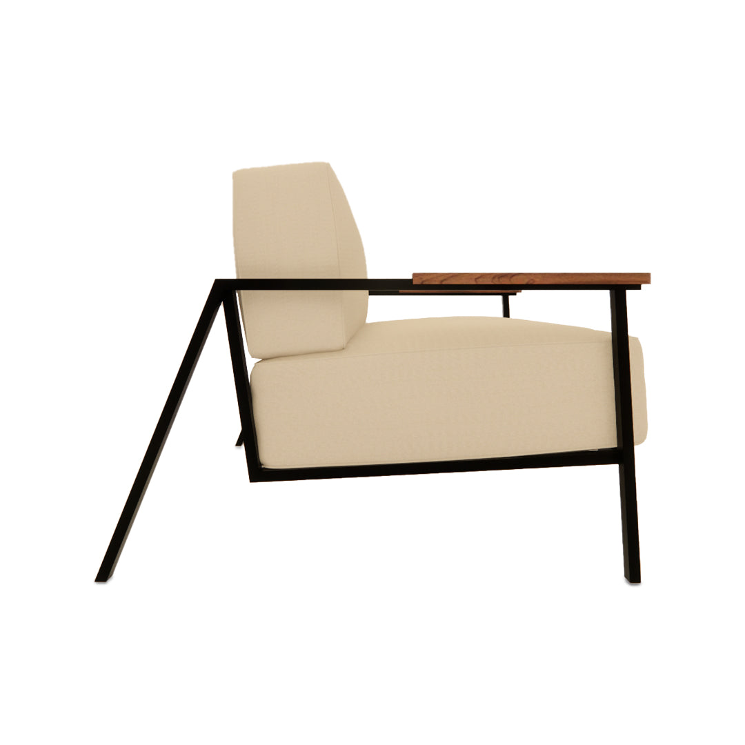 Ohio Visitor Chair with linen upholstery, wooden armrests, and MS powder-coated legs in a modern design