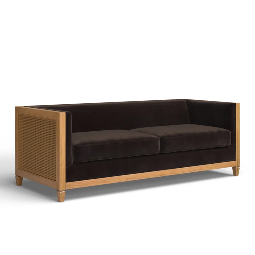 Deep brown velvet Celsiya Upholstered Sofa with solid oak frame and tuxedo arms.