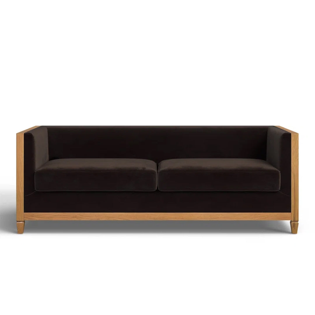 Deep brown velvet Celsiya Upholstered Sofa with solid oak frame and tuxedo arms.