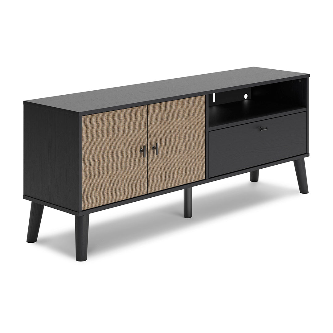 Charlang Media Console – modern black TV stand with cane doors, open shelving, and a sleek matte black finish.
