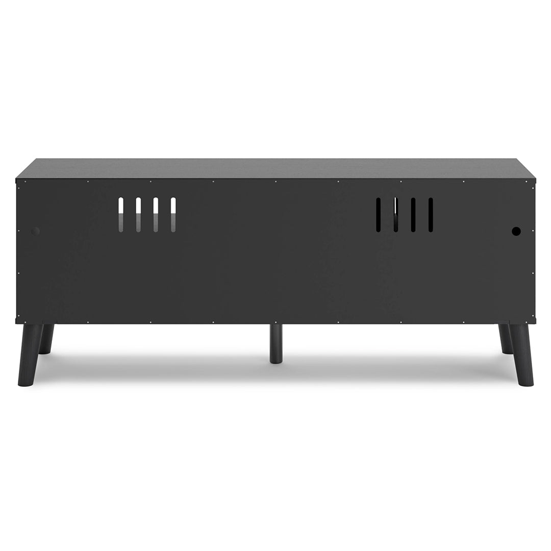 Charlang Media Console – modern black TV stand with cane doors, open shelving, and a sleek matte black finish.