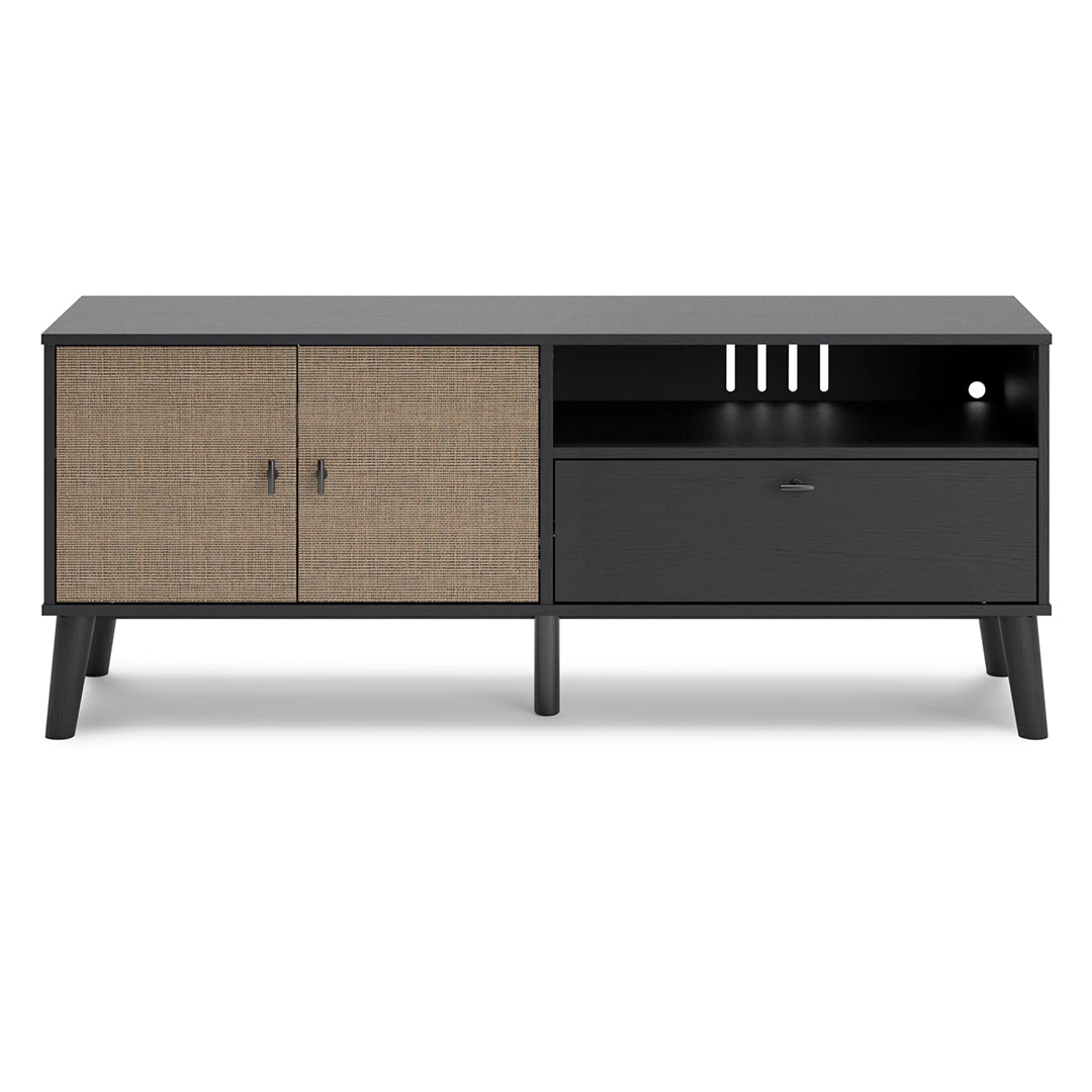 Charlang Media Console – modern black TV stand with cane doors, open shelving, and a sleek matte black finish.