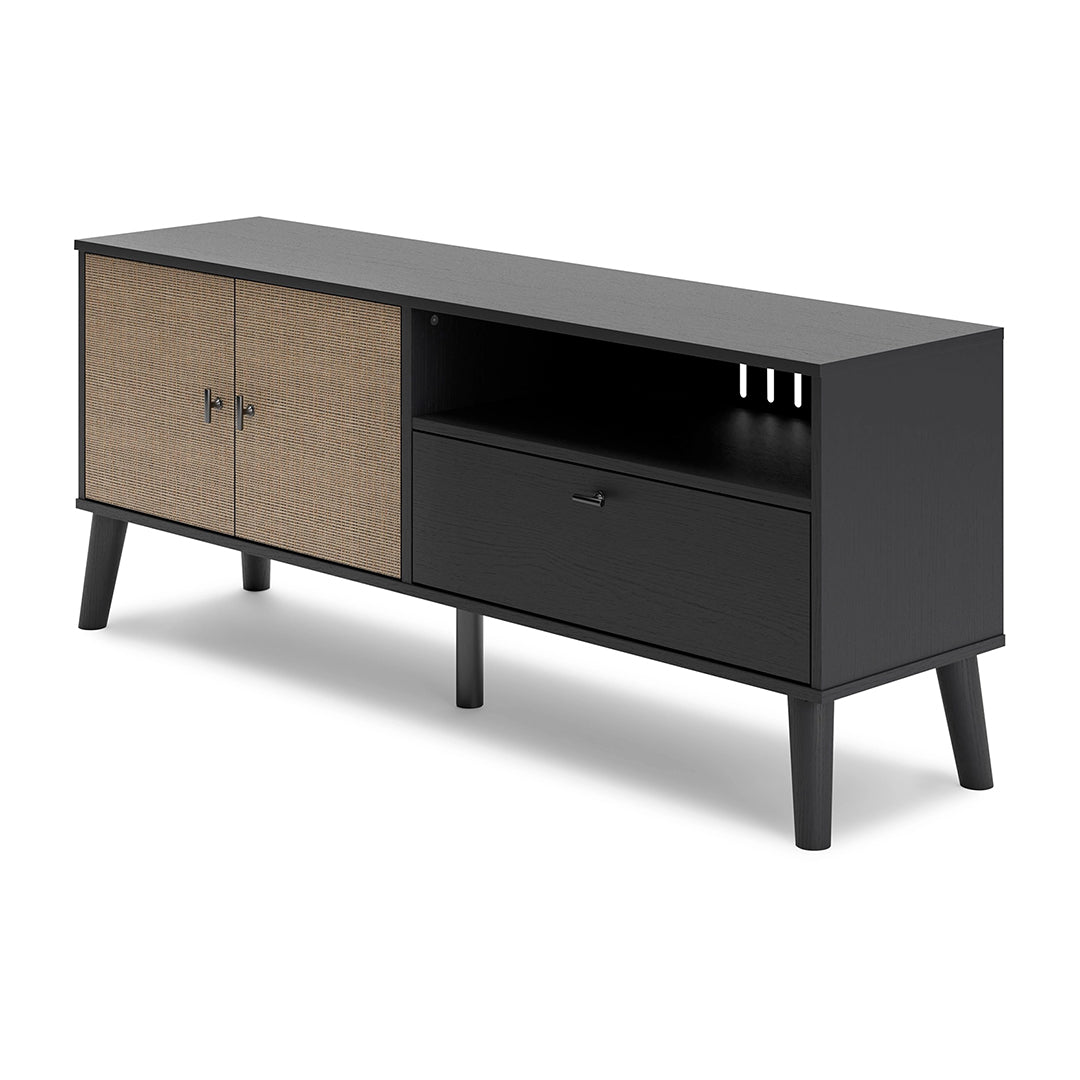 Charlang Media Console – modern black TV stand with cane doors, open shelving, and a sleek matte black finish.