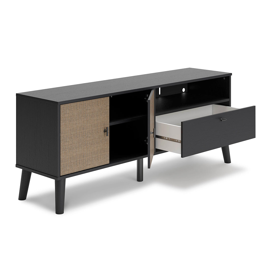 Charlang Media Console – modern black TV stand with cane doors, open shelving, and a sleek matte black finish.