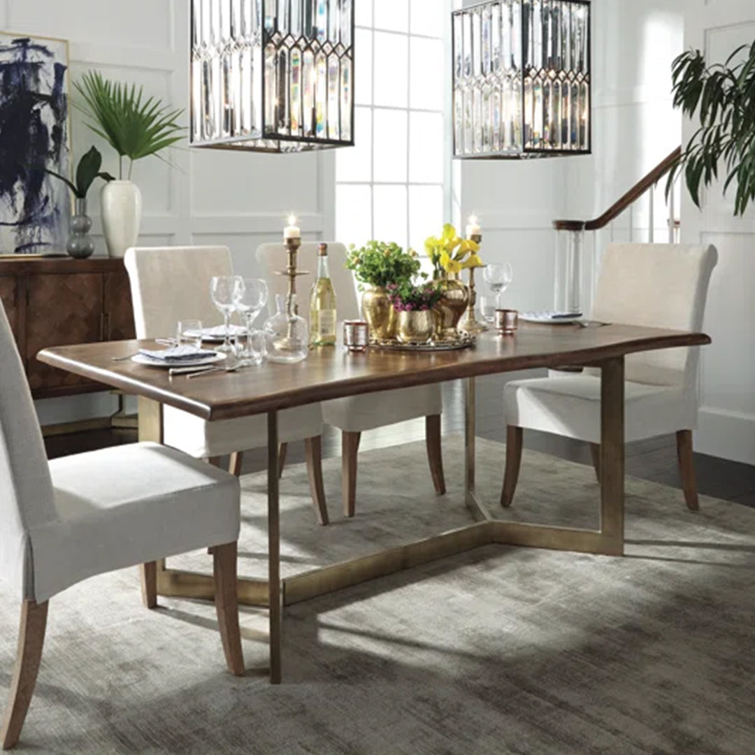 Rustic Diascia Dining Table with solid wood top, natural wood knots, and an iron base in a rectangular design.