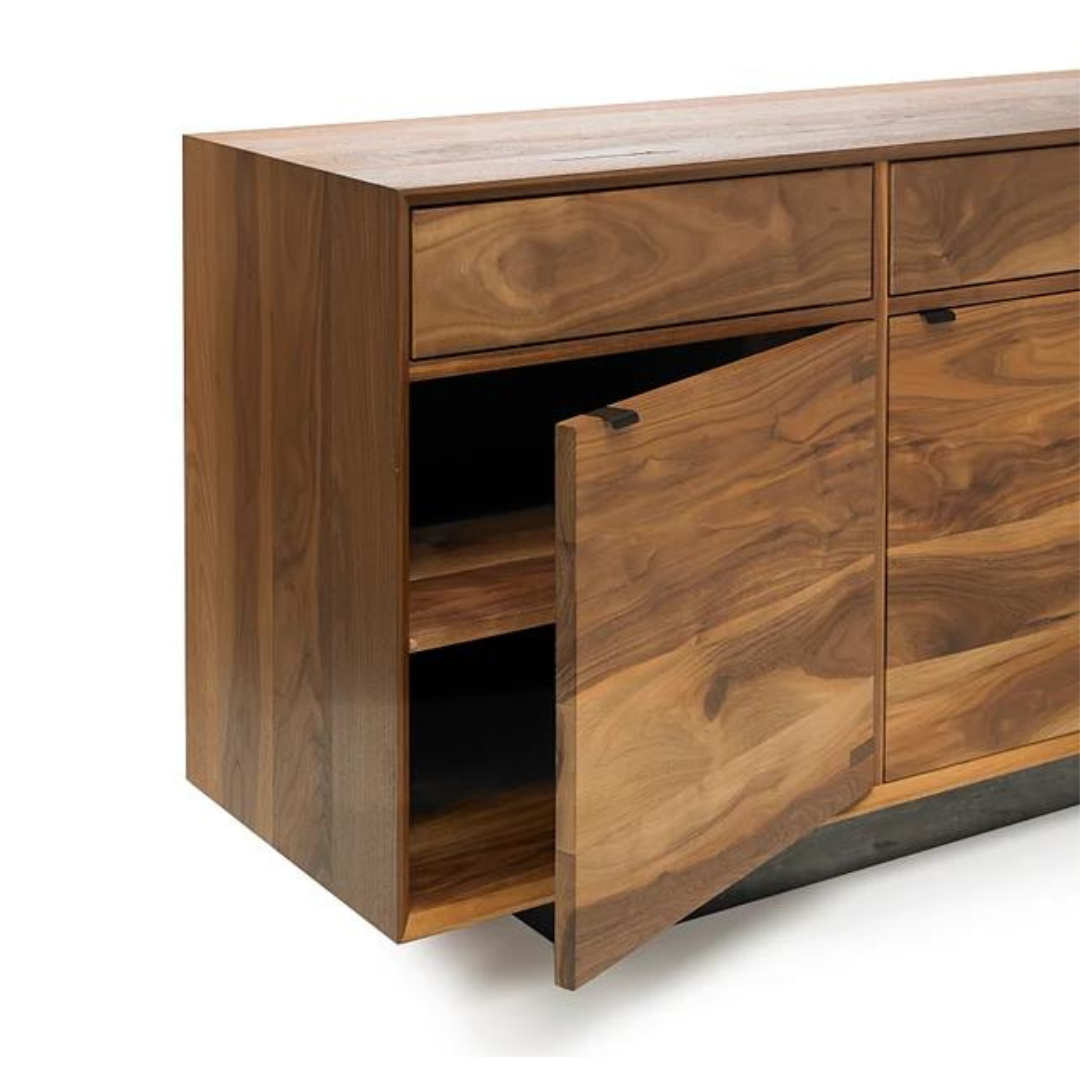 Elegant Bently Credenza with Laminated Black Wood Grain, Metal Steel Base, and modern design for versatile storage.