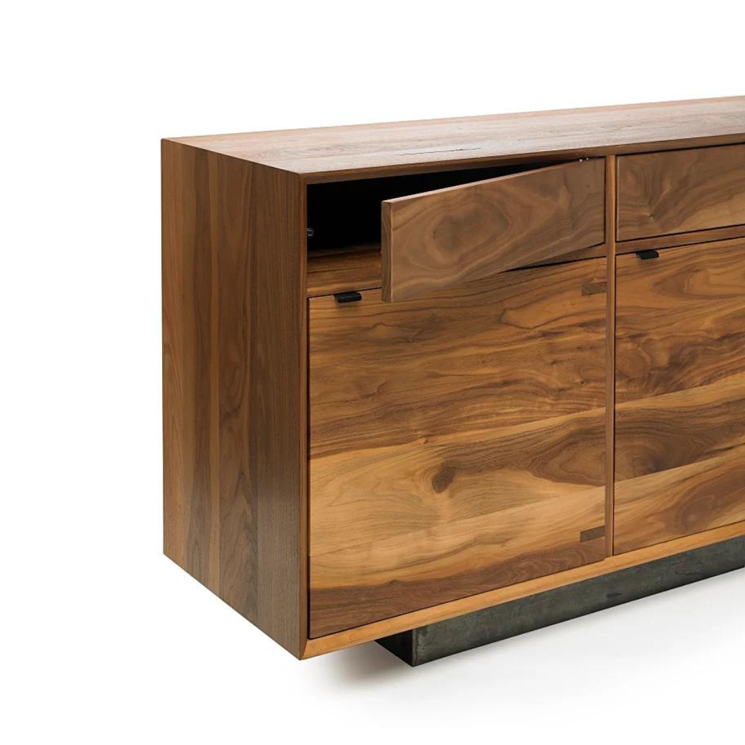 Elegant Bently Credenza with Laminated Black Wood Grain, Metal Steel Base, and modern design for versatile storage.