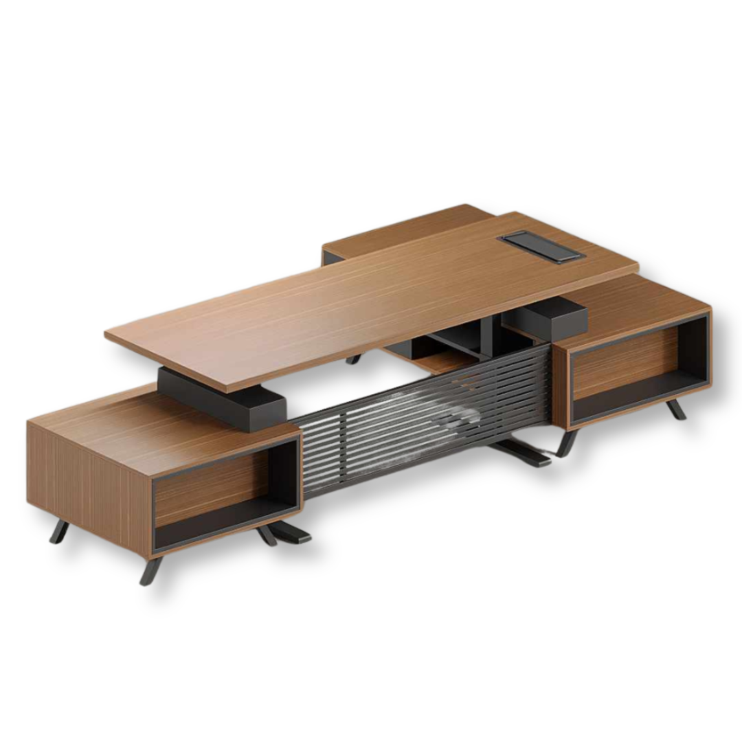 Engor CEO Table with engineered wood, melamine structure, and stainless steel base legs in a modern executive office setup.