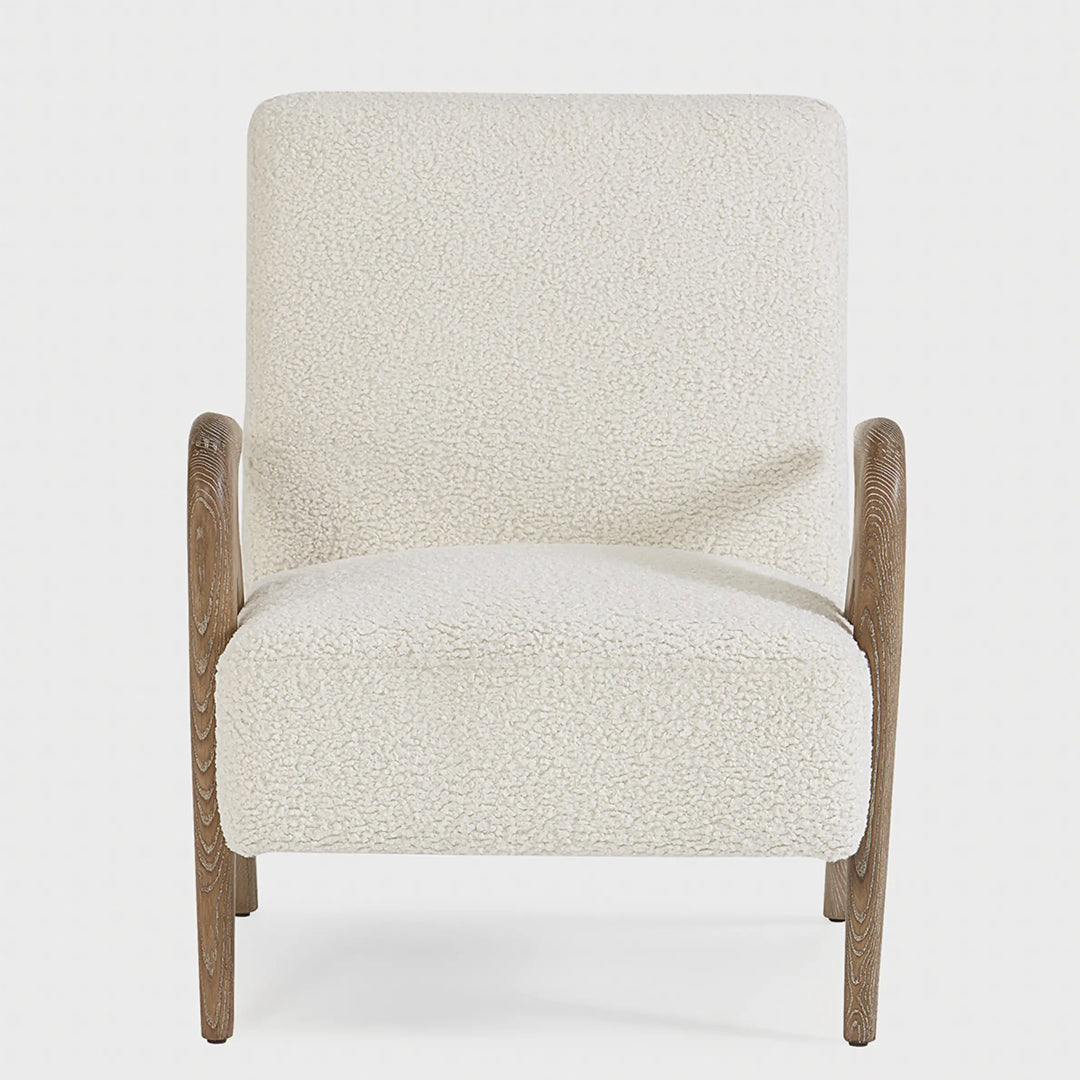 Faux Accent Chair with rayon and linen upholstery, birch wood frame in walnut white finish, modern design