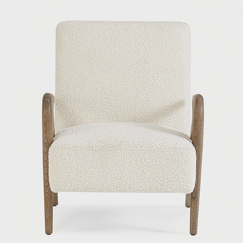 Faux Accent Chair with rayon and linen upholstery, birch wood frame in walnut white finish, modern design