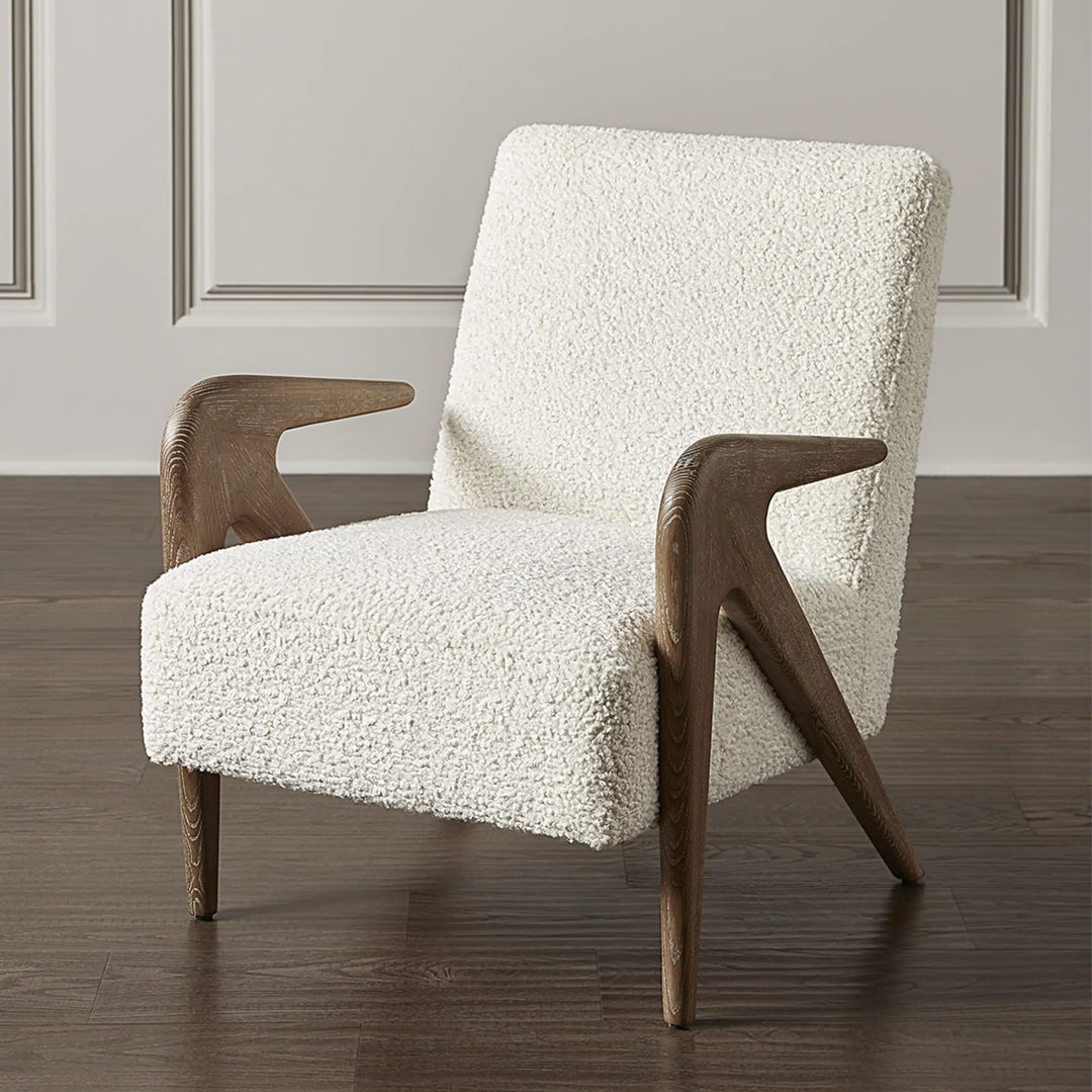 Faux Accent Chair with rayon and linen upholstery, birch wood frame in walnut white finish, modern design