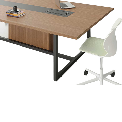 Fern Conference Table with wooden-finished laminated MDF top, powder-coated legs, and integrated cable grommet.