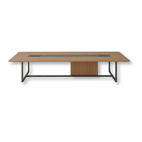 Fern Conference Table with wooden-finished laminated MDF top, powder-coated legs, and integrated cable grommet.