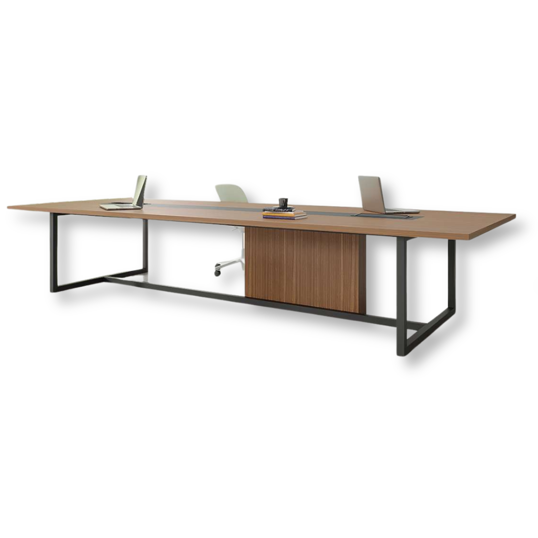 Fern Conference Table with wooden-finished laminated MDF top, powder-coated legs, and integrated cable grommet.