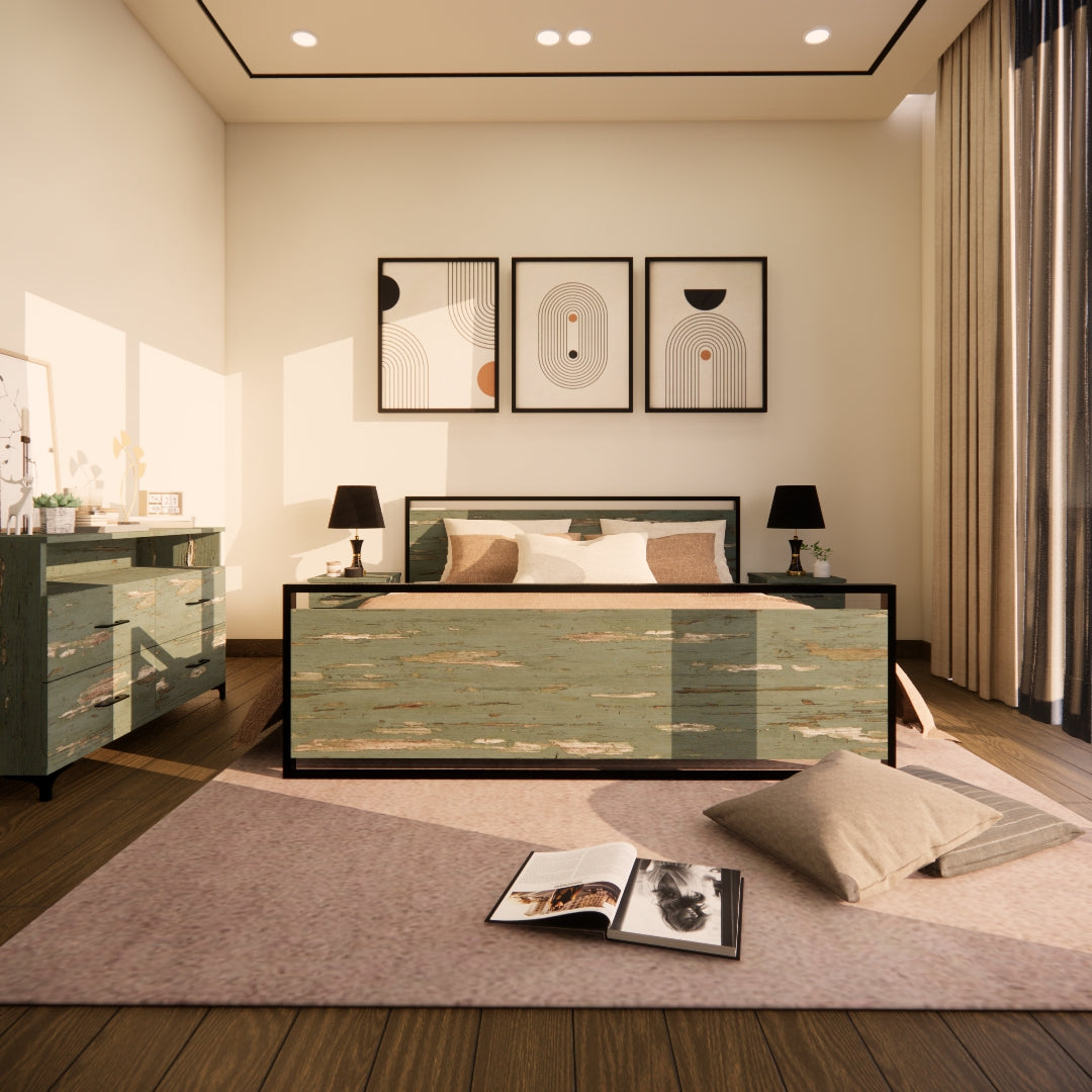 Floating Waves Bed Set in a modern bedroom featuring an MS powder-coated frame, king-size bed, side tables, and a matching dressing table, showcasing its sleek design and tactile headboard.