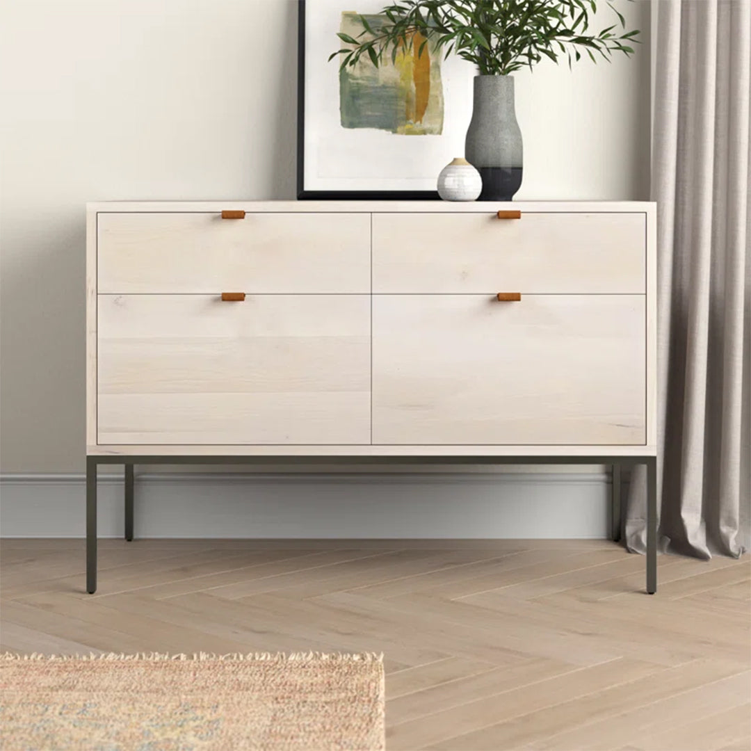 Galeria Design Credenza with engineered tactile wood finish, 4 drawers with safety stops, and elevated base for modern aesthetics