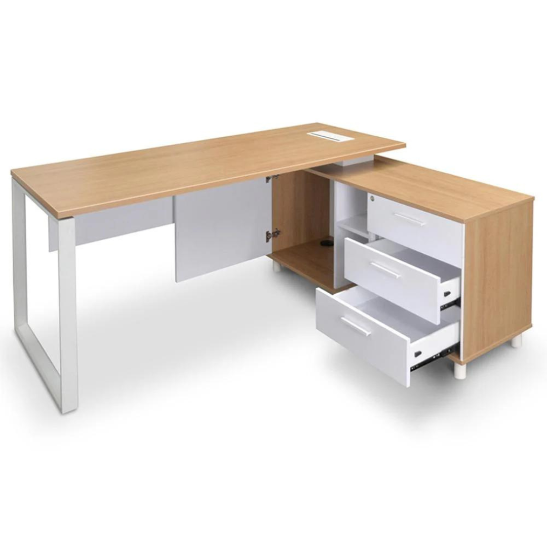 Halo Managers Desk with natural timber veneer top, white steel base, and return section with storage