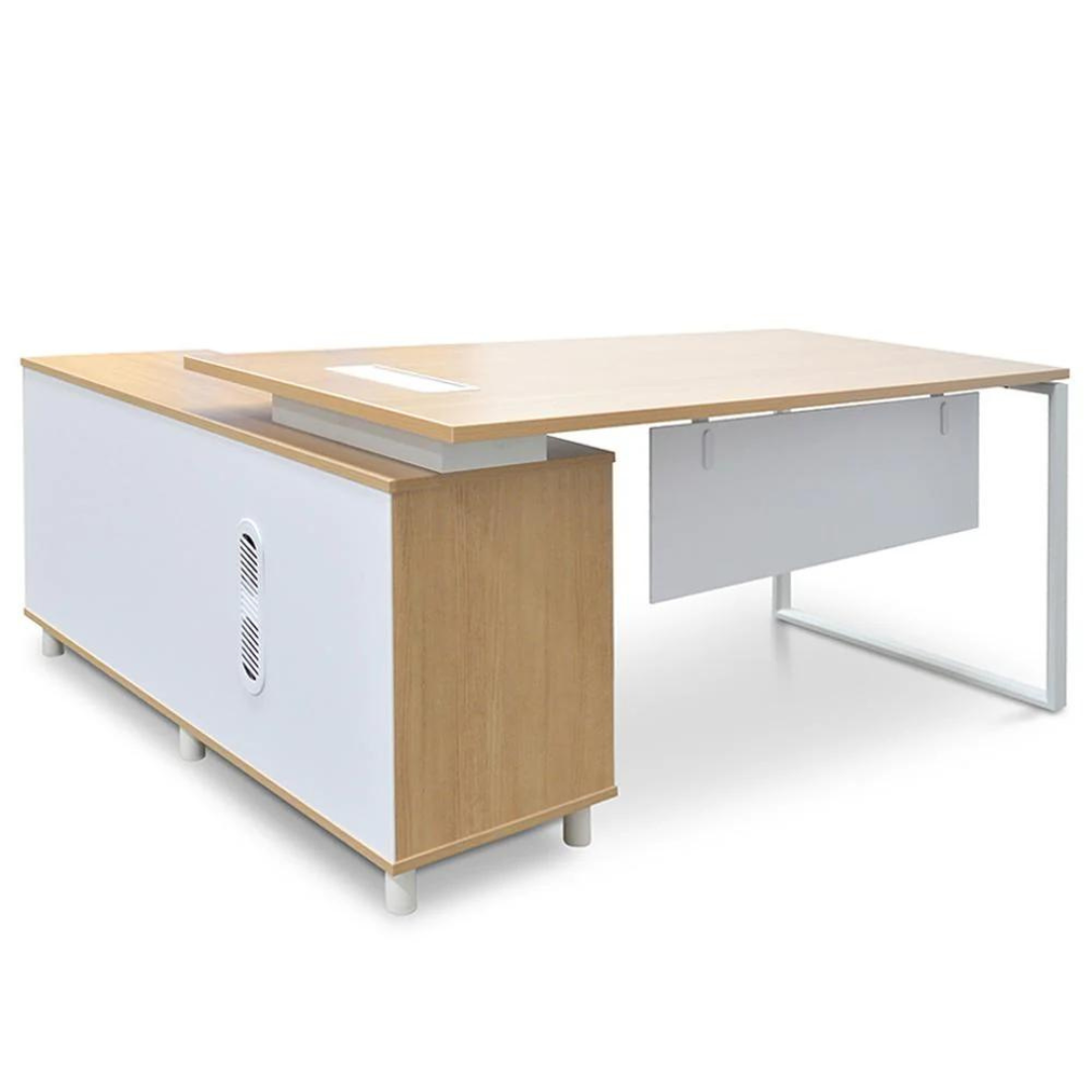 Halo Managers Desk with natural timber veneer top, white steel base, and return section with storage with power plug ports