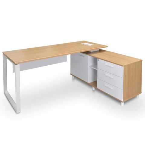 Halo Managers Desk with natural timber veneer top, white steel base, and return section with storage