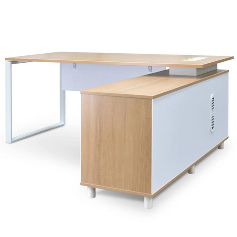 Halo Managers Desk with natural timber veneer top, white steel base, and return section with storage