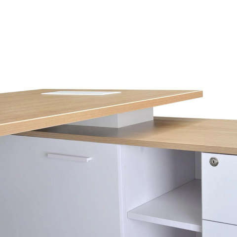 Halo Managers Desk with natural timber veneer top, white steel base, and return section with storage