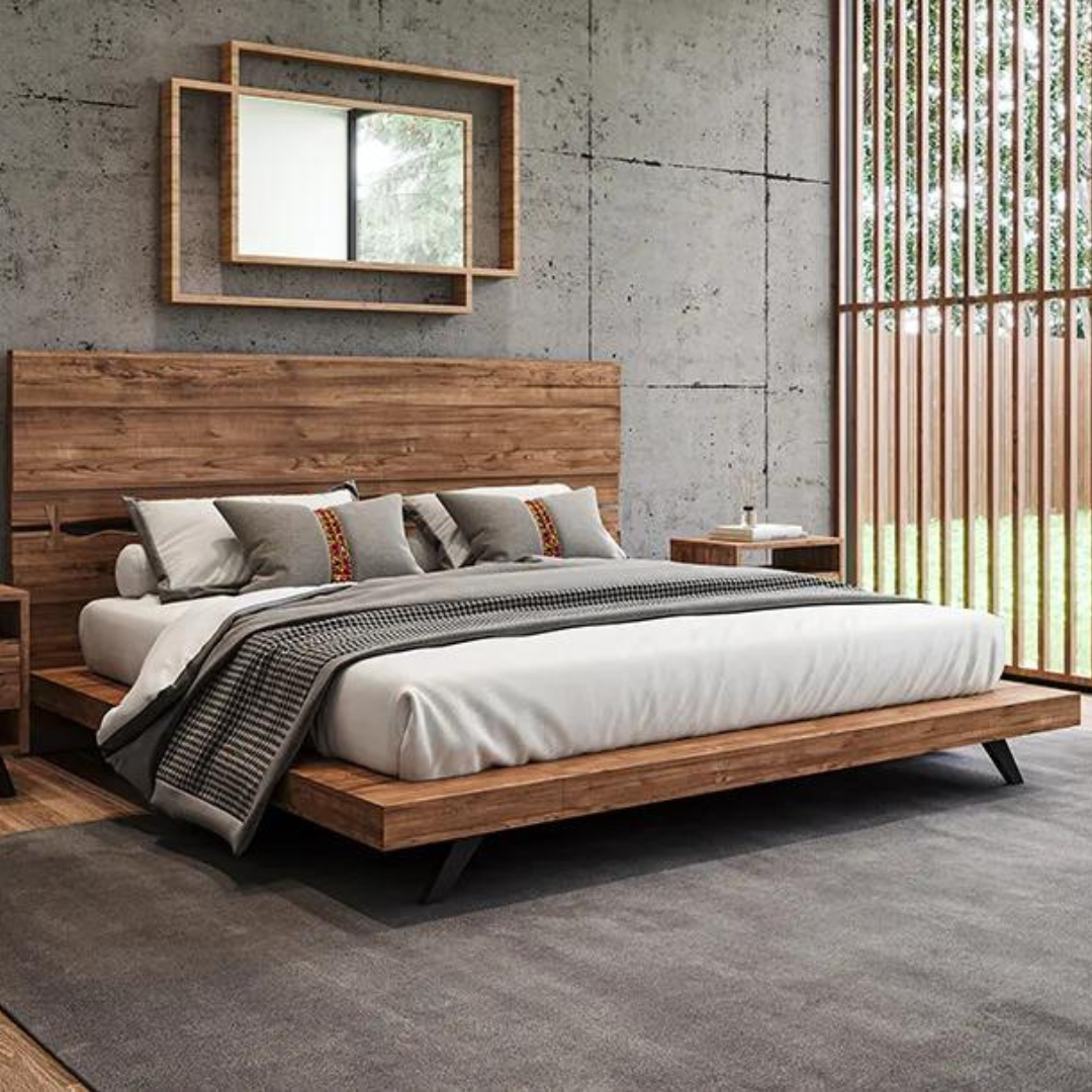 Hiro Wood Platform Bed made from solid Acacia with espresso finish and matching side tables in a modern bedroom setting