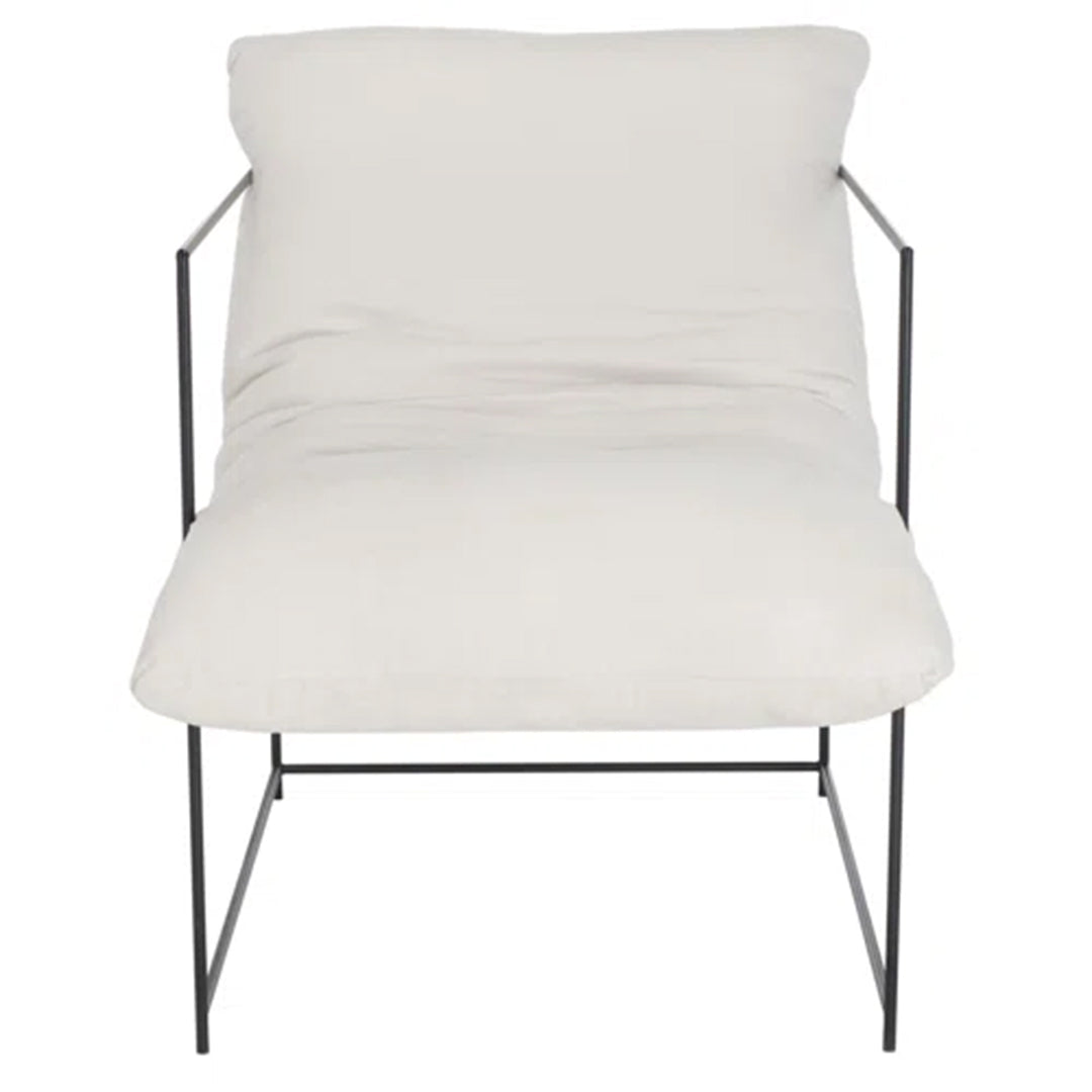 Ivory linen upholstered Giuliettano Loveseat with black metal legs and a modern cushioned design