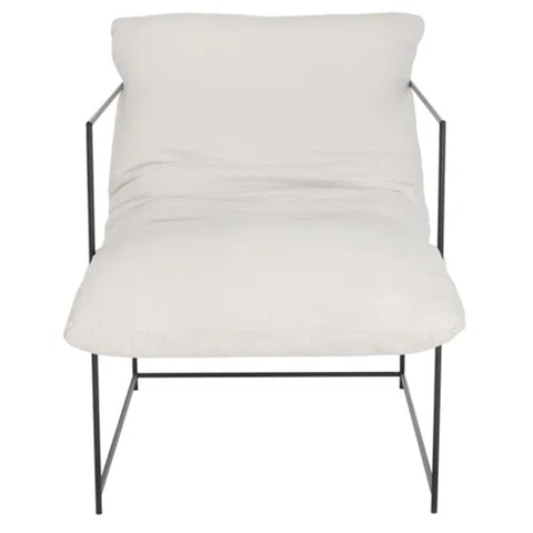 Ivory linen upholstered Giuliettano Loveseat with black metal legs and a modern cushioned design