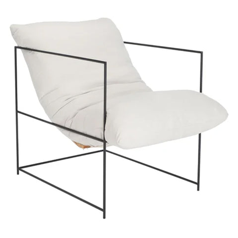 Ivory linen upholstered Giuliettano Loveseat with black metal legs and a modern cushioned design