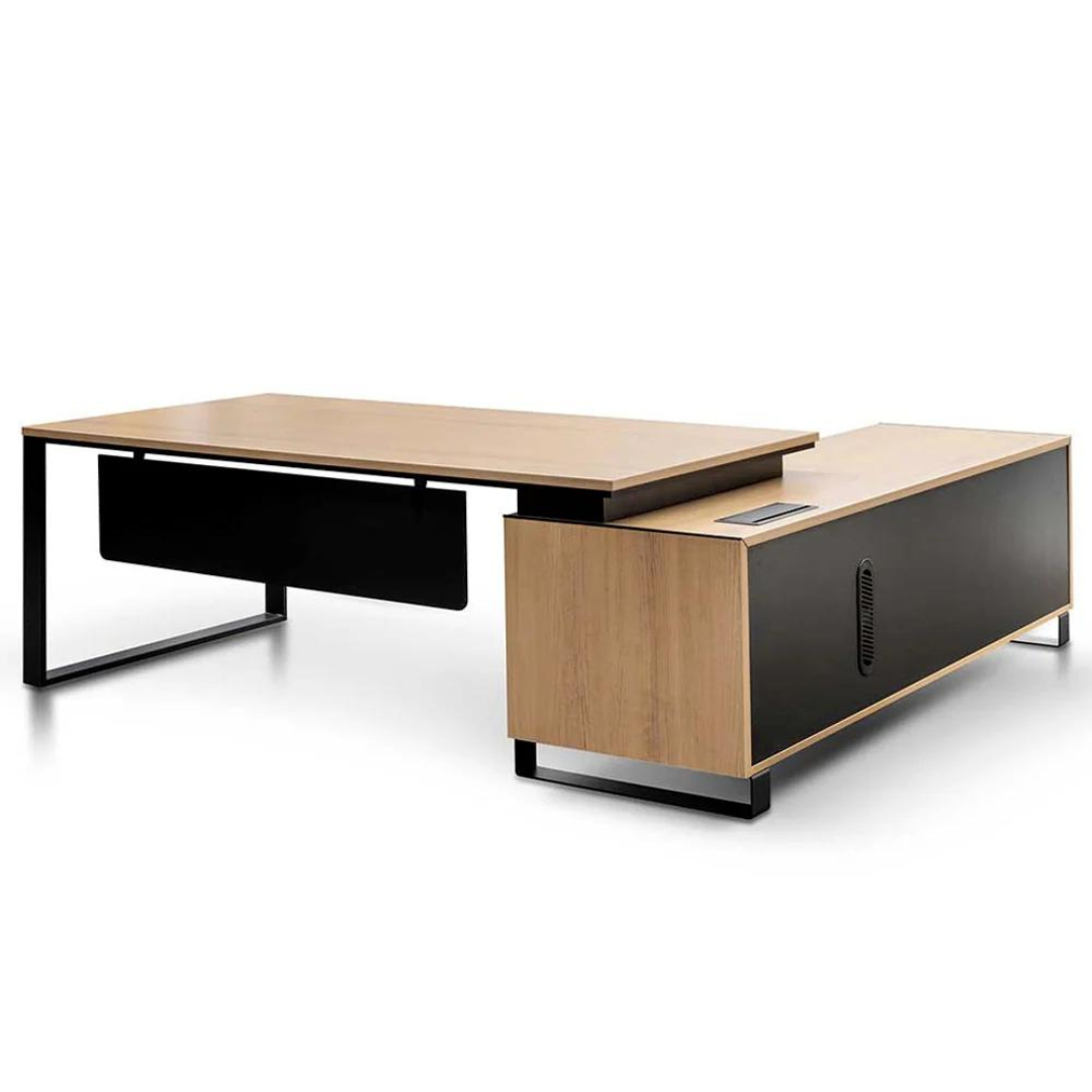 Janel Managers Table with built-in power port, black steel loop legs, and side cabinet storage.