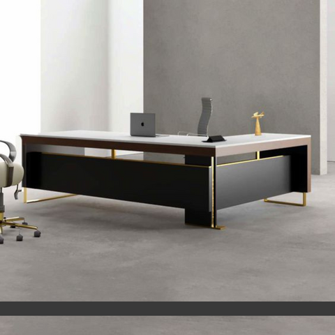 Jasuki CEO Table in hazelnut and grey with stainless steel legs, modern executive office desk.