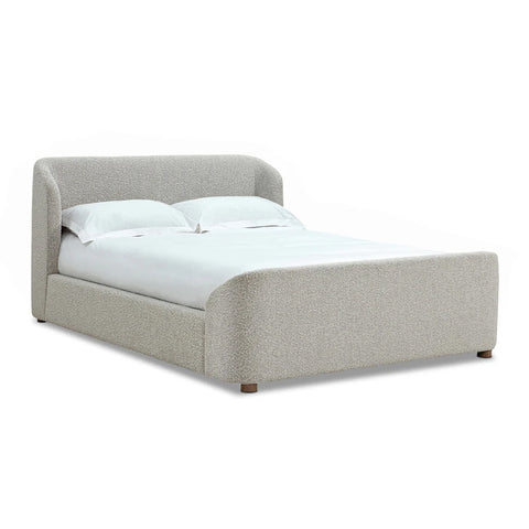 Upholstered Platform Bed in grey fabric with solid Acacia wood base and powder-coated MS sidetables, modern bedroom setting.