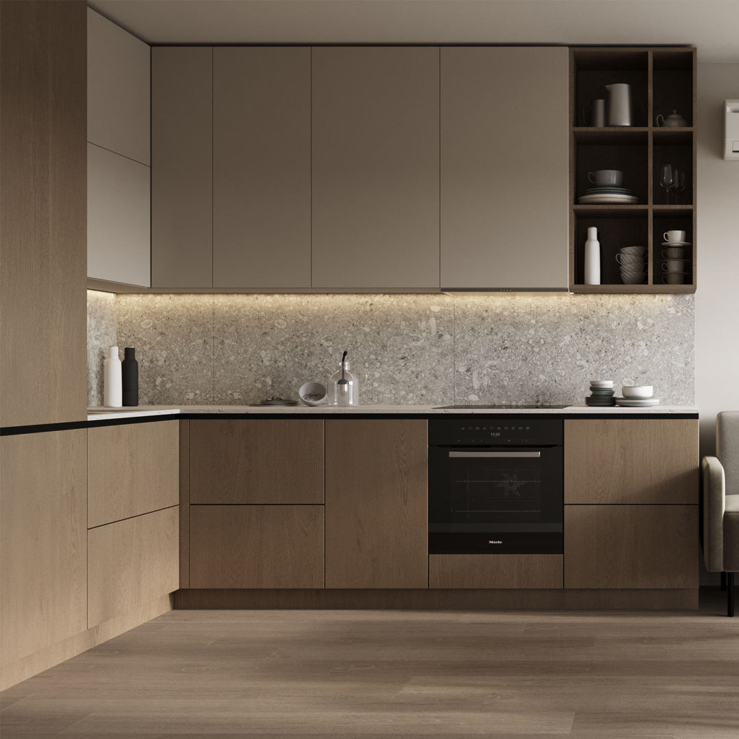 Customisable L-Shaped Modern Kitchen with natural wood and matte finishes, featuring premium lighting and spacious storage solutions.