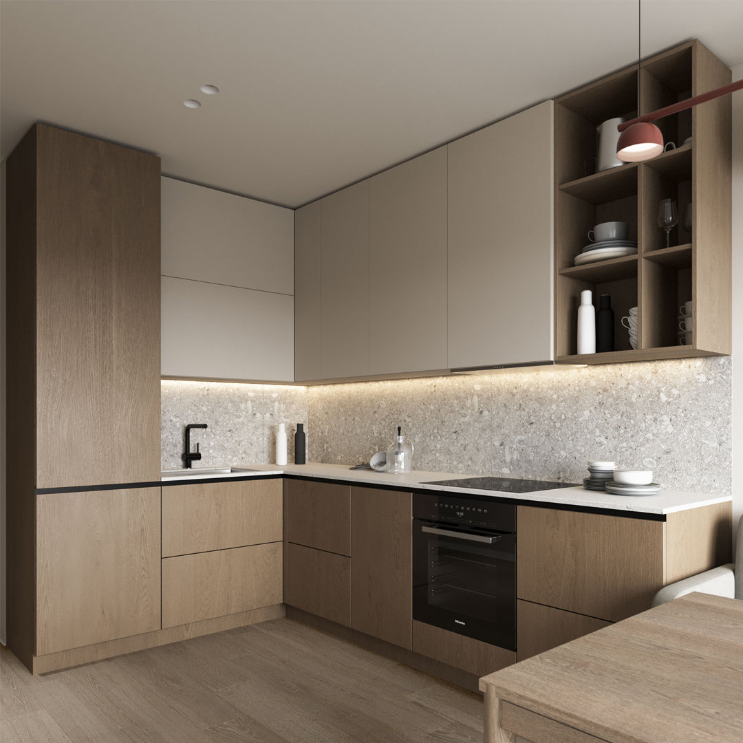 Customisable L-Shaped Modern Kitchen with natural wood and matte finishes, featuring premium lighting and spacious storage solutions.
