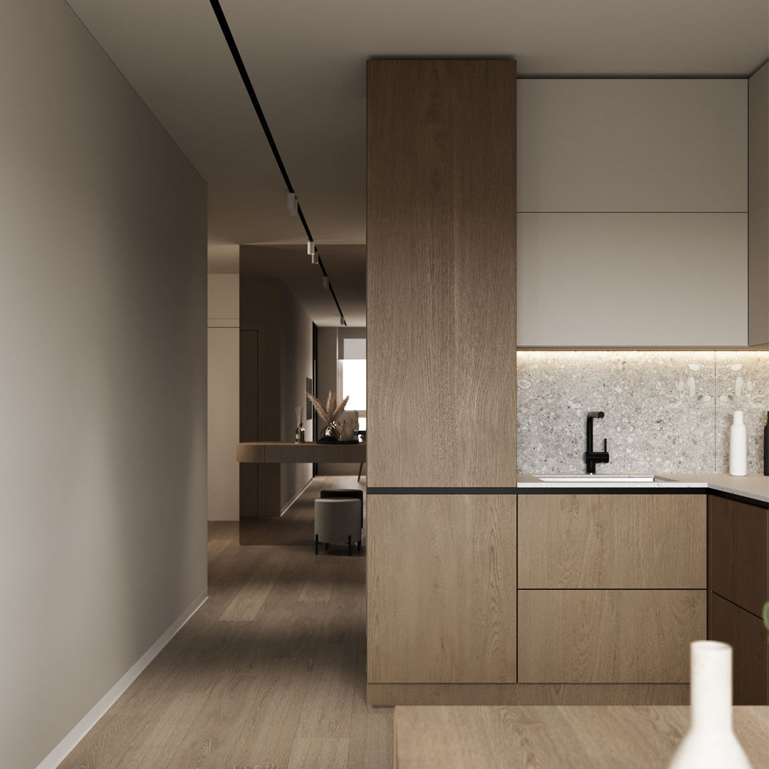 Customisable L-Shaped Modern Kitchen with natural wood and matte finishes, featuring premium lighting and spacious storage solutions.