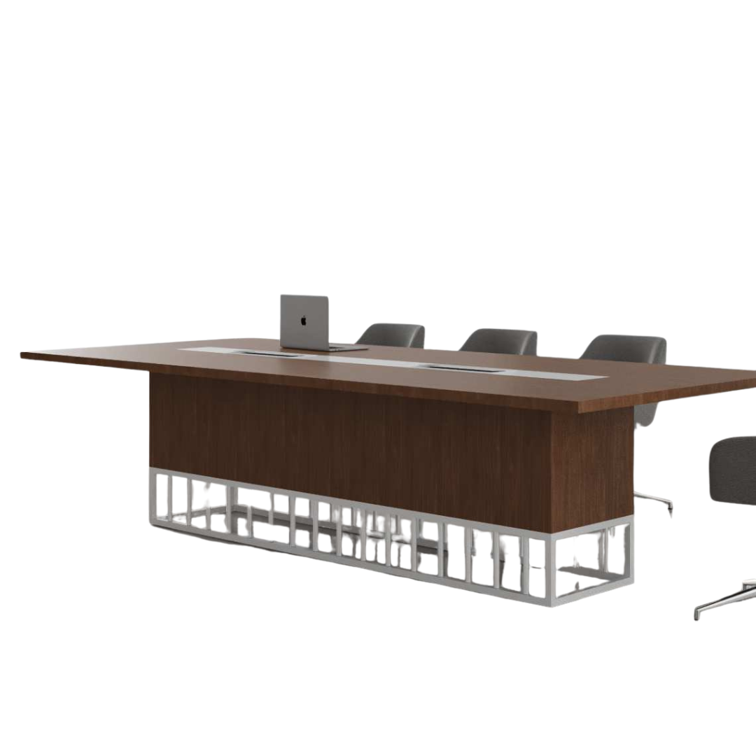 Lomi Conference Table with compact wooden-finished laminated MDF top, powder-coated legs, and cable grommet.