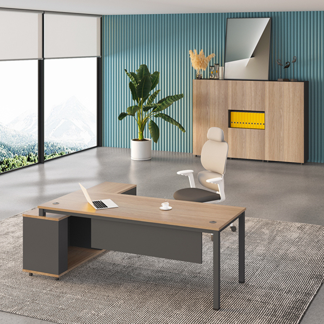 Meet Managers Table in white and black with adjustable width, lockable drawers, and built-in wire management.