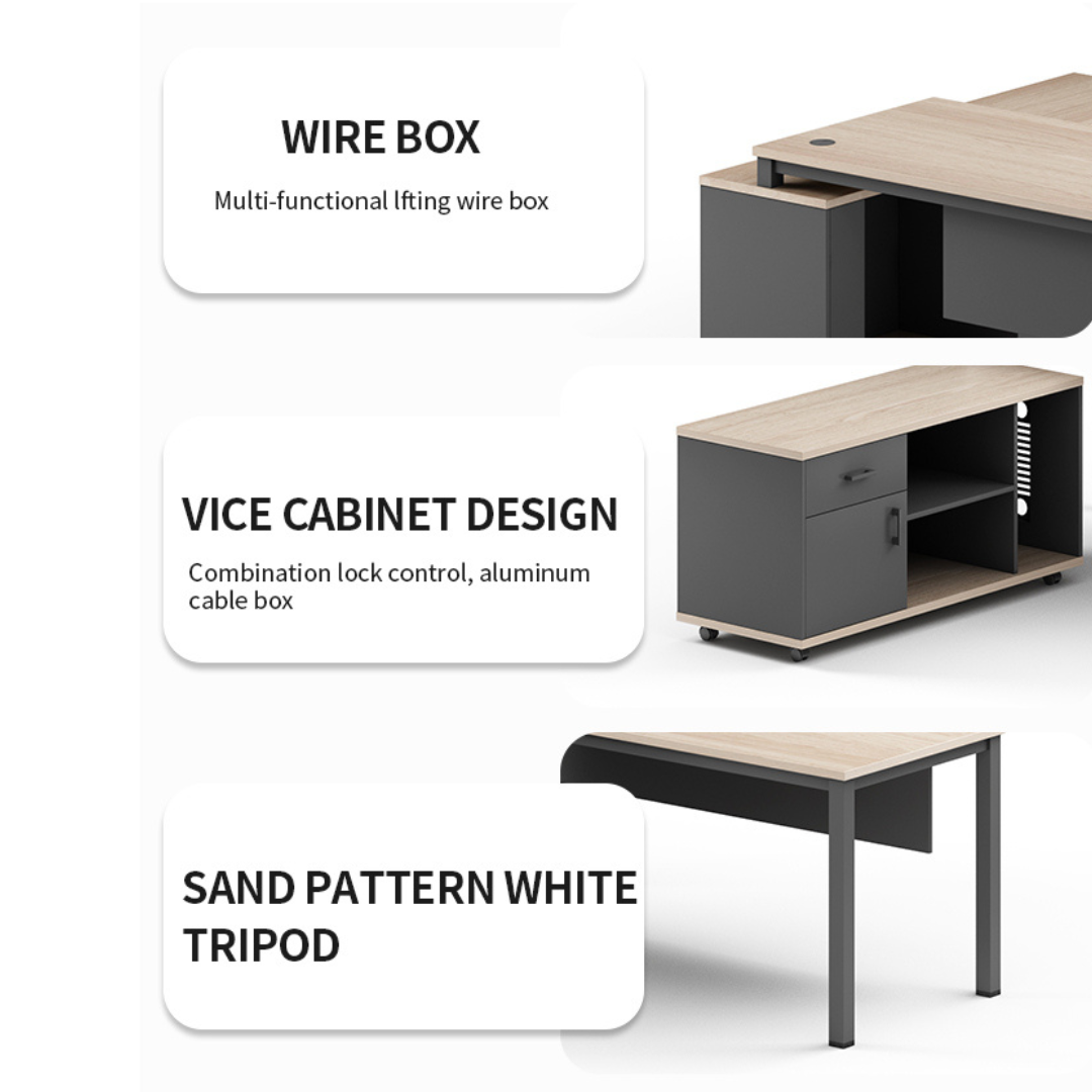 Meet Managers Table in white and black with adjustable width, lockable drawers, and built-in wire management.