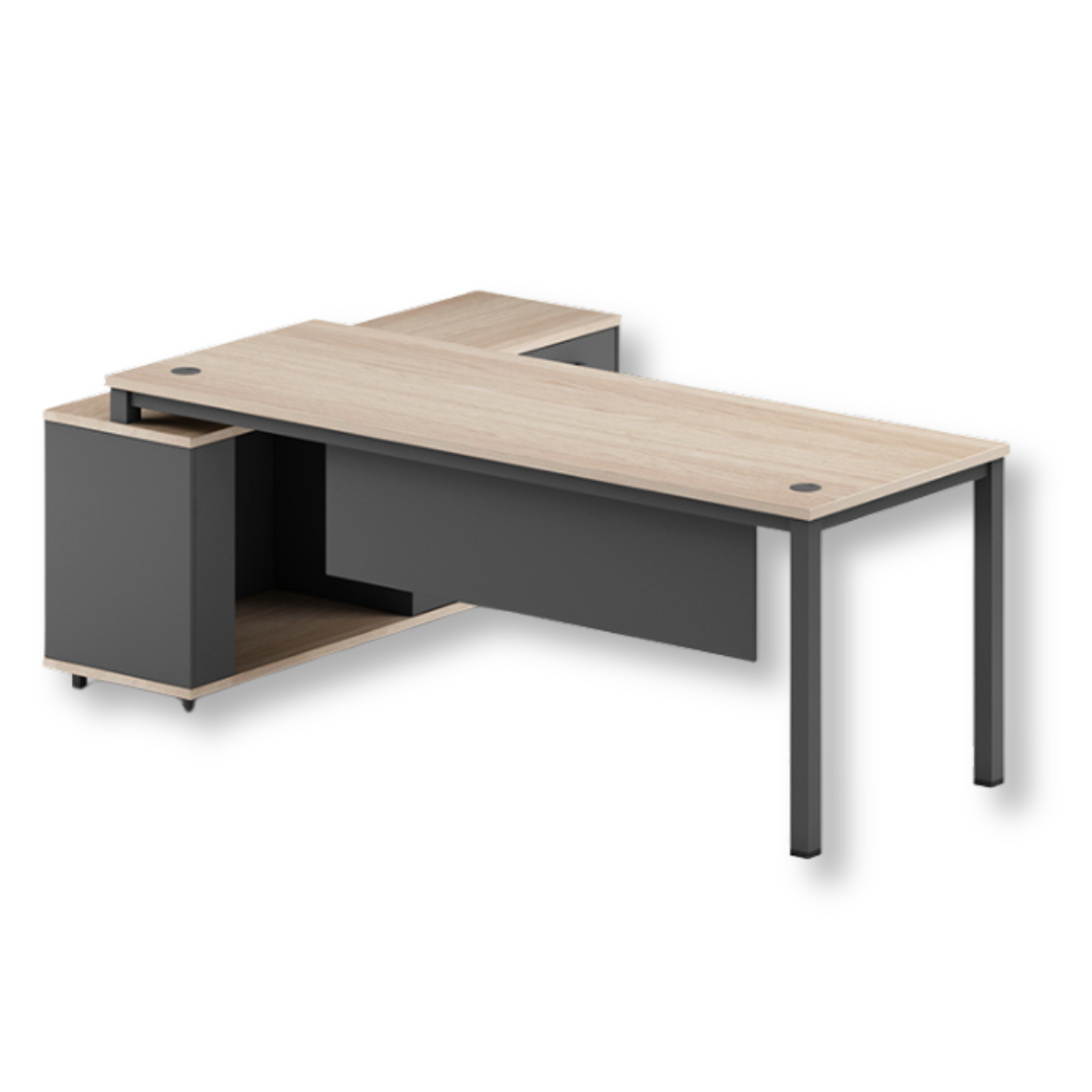 Meet Managers Table in white and black with adjustable width, lockable drawers, and built-in wire management.