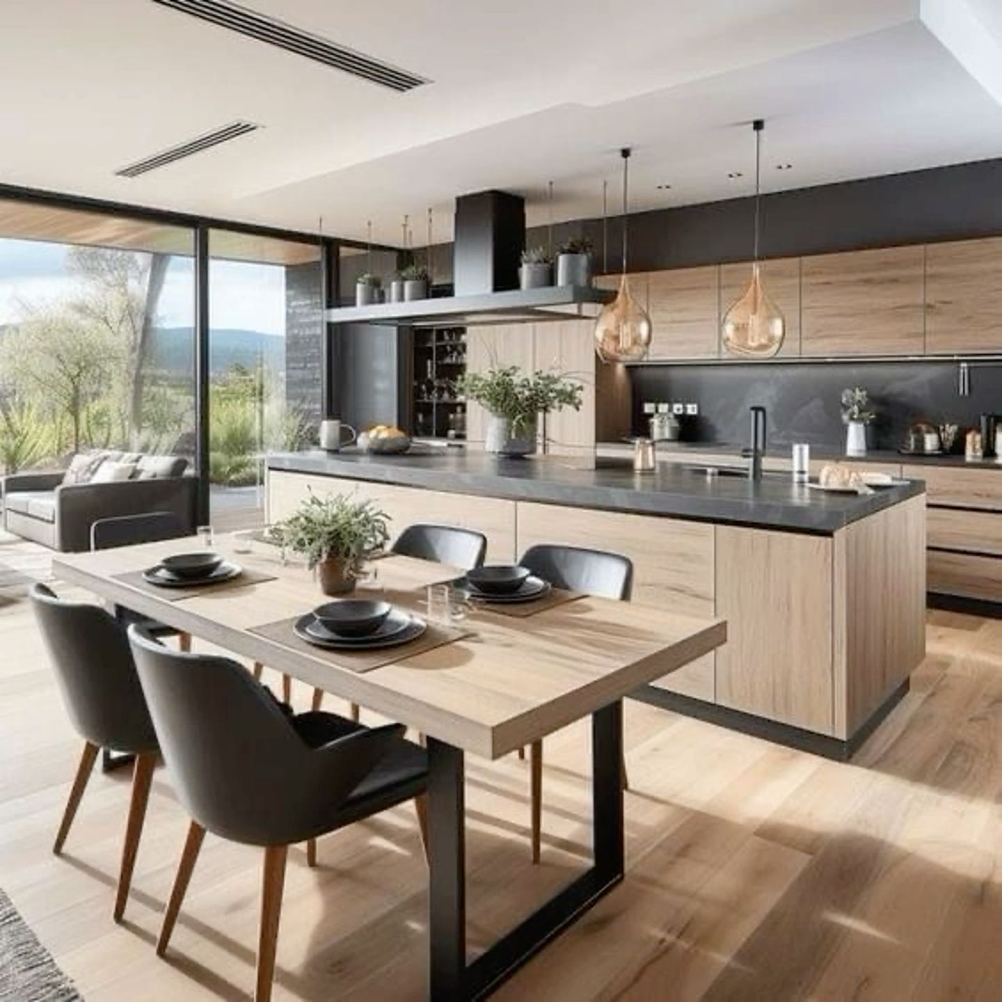 Modern customisable kitchen with wood finishes, matte black accents, and a dining area, blending functionality and contemporary design.