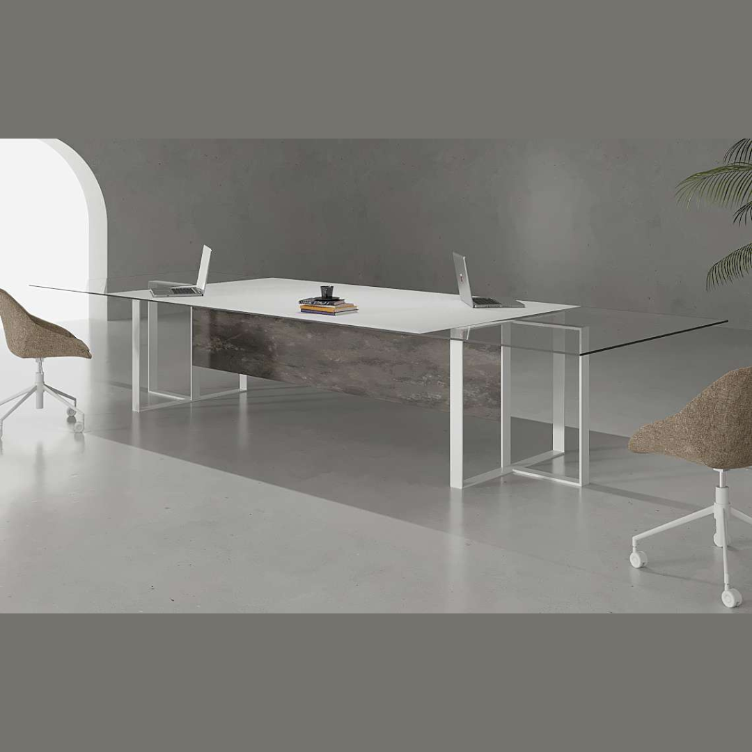 Modern Dawn Glass Top Conference Table with a tempered glass surface, wooden-finished MDF base, and powder-coated MS legs for professional office settings.